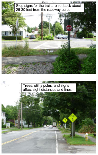 Photos show the location of the STOP sign, utility poles, and trees, that affect the sight distance and sight lines.